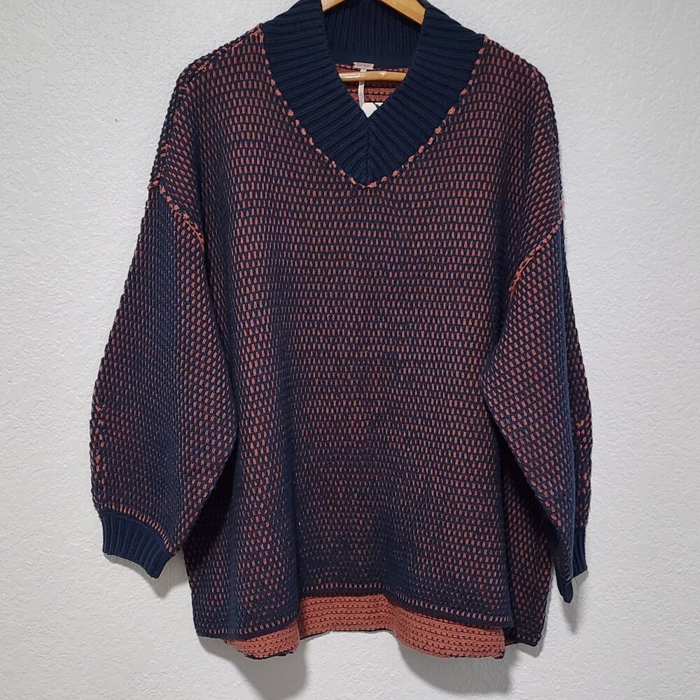 Free People Alli V-Neck Chunky Knit Oversized Sweater Blue Small Boho NWT